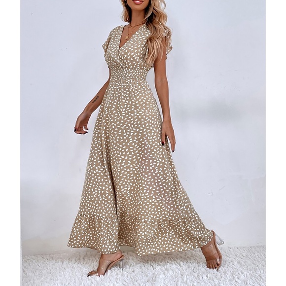 Neutral Tan White Spot Print Ruffle Shirred Maxi Dress - Picture 4 of 6